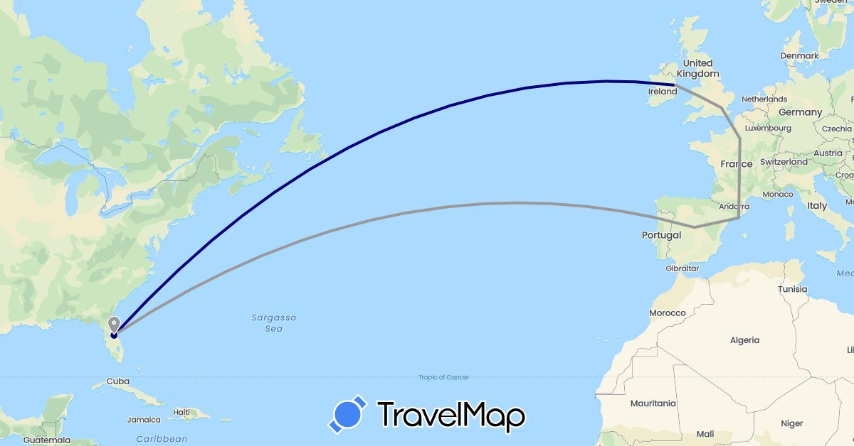 TravelMap itinerary: driving, plane in Spain, France, United Kingdom, Ireland, United States (Europe, North America)