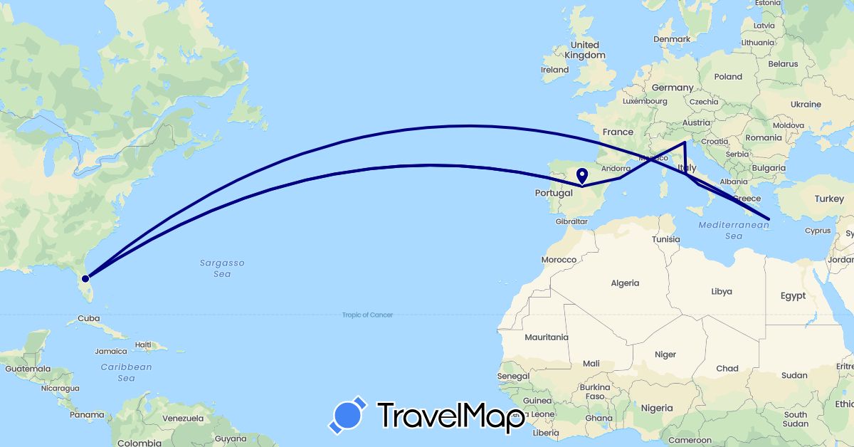 TravelMap itinerary: driving in Spain, Greece, Italy, United States (Europe, North America)